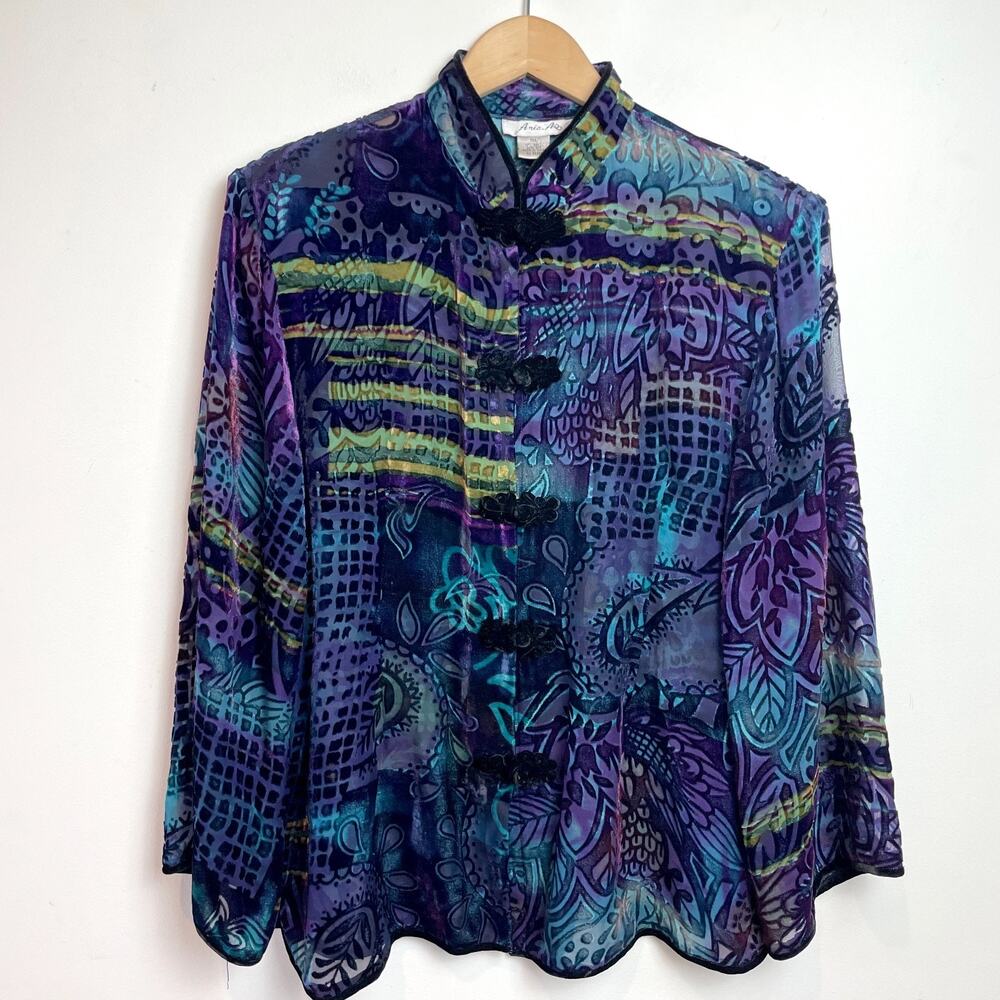Vintage 90s Velvet Burnout Top Sz XL Rayon Silk Artsy Floral Eclectic Maximalist